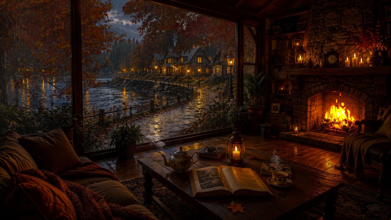 NO ADS🔕😴Cozy Autumn Rain by the Window 🍂 Warm Fireplace & Rain Sounds for Sleep, Relax & Study