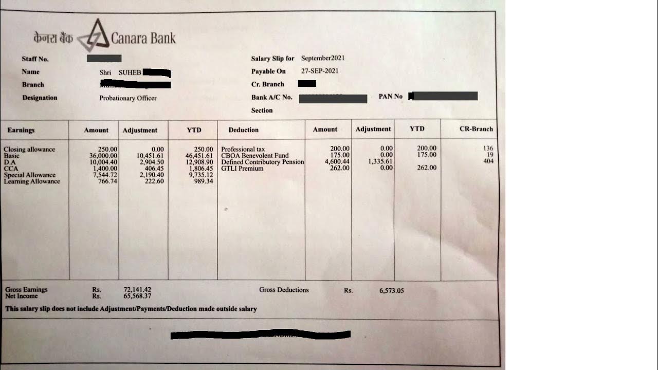ibps-po-2021-new-joinee-salary-slip-sep-2021-canara-bank-youtube