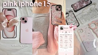 pink iphone 15! aesthetic unboxing, accessories + whats on my phone