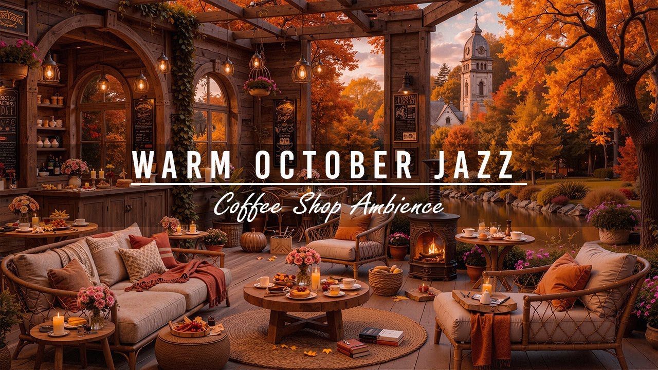 Warm October Jazz Music at Cozy Coffee Shop Ambience 🍂 Peaceful Fall Morning for Work,Stress Relief