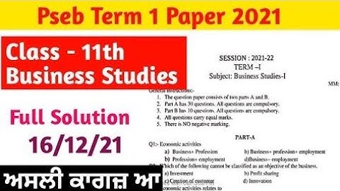 11th business studies term 1real pepar 16 disambar 2021-22 pseb term 1 exam business studies