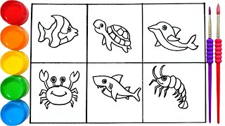 Learn how to Draw Sea Animals- Shark Fish Turtle and others- water colour Art for preschool