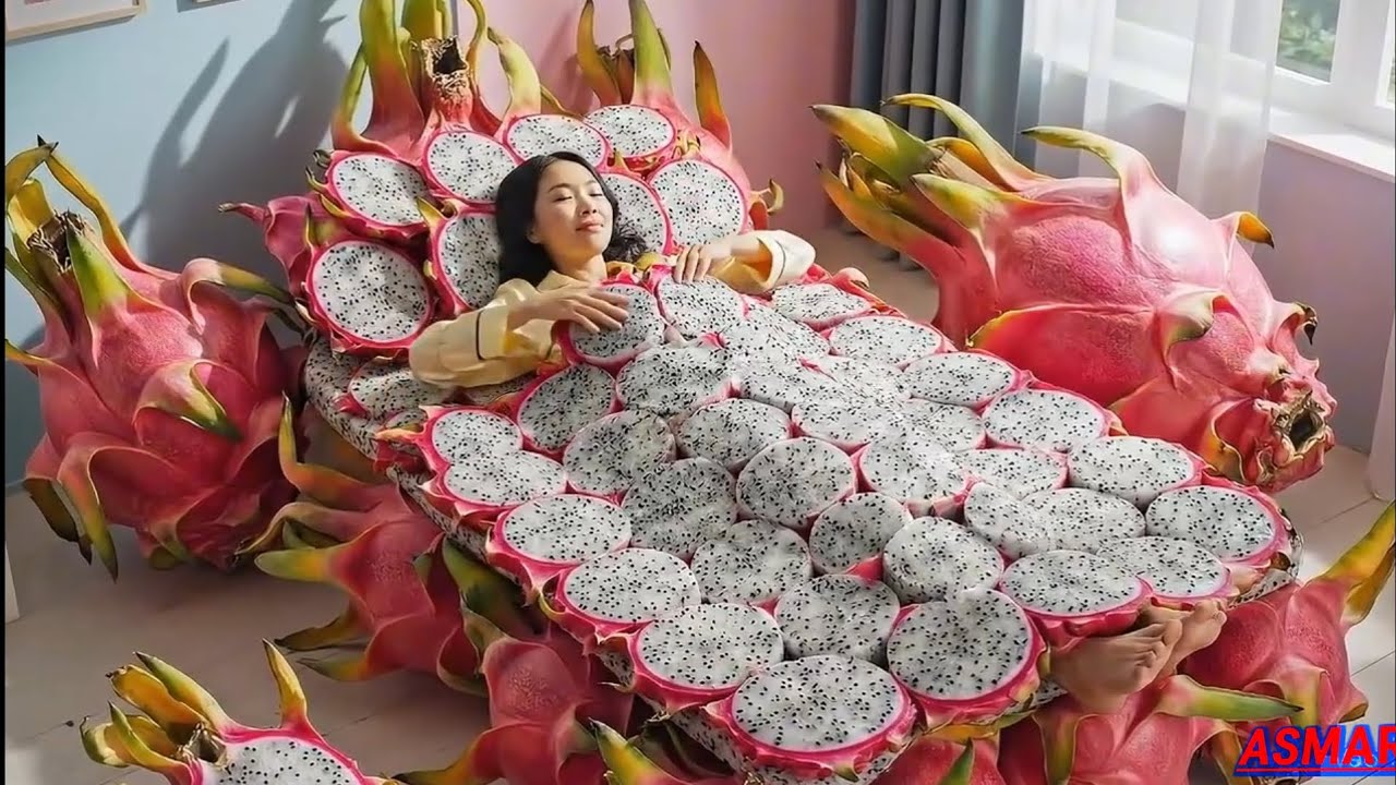8The Most Satisfying Dragon Fruit Bed ASMR 🐉🍓I Slept in a Bed Made of Giant Dragon Fruits😄