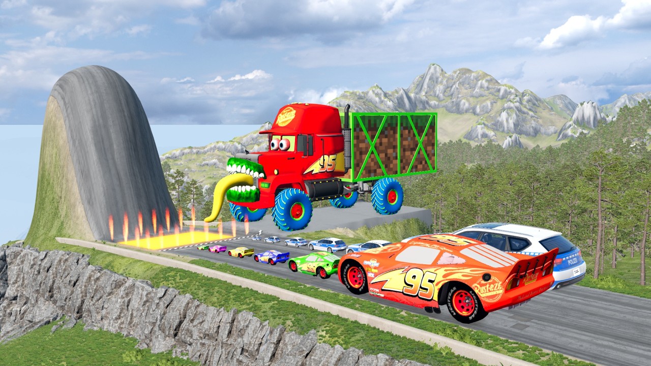 Big & Small McQueen & Police Car vs Zombie Mack, Giant Bulge & Giant Lava – BeamNG.drive