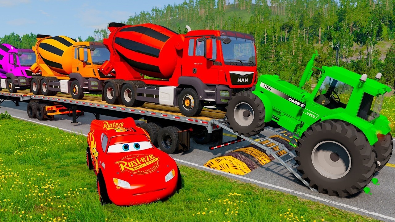 TRANSPORTING PIXAR CARS & FRUITS WITH COLORED & JOHN DEERE vs CLAAS vs TRACTORS - BeamNG.drive #983