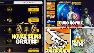 URGENTE!! NOVO MAPA, OURO ROYALE E ESTILHAÇOS, NOVAS SKINS GRÁTIS, EVENTOS, NOVIDADES FREE FIRE