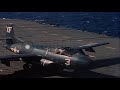US F3D Skyknights lands on the deck of USS Hancock CV-19 in the Pacific Ocean dur...HD Stock Footage