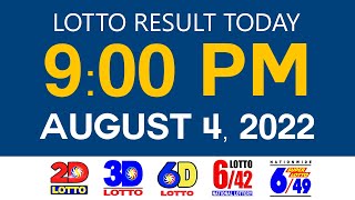Lotto Results Today August 4 2022 9pm Ez2 Swertres 2D 3D 6D 6/42 6/49 PCSO