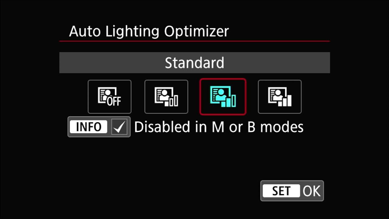 Canon EOS RP Menu Items Shoot 3 Auto lighting optimizer; Highlight