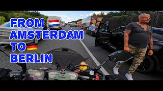 Motorbike trip from Amsterdam to Berlin. Amazing streets of Amsterdam. Traffic jams on highway.