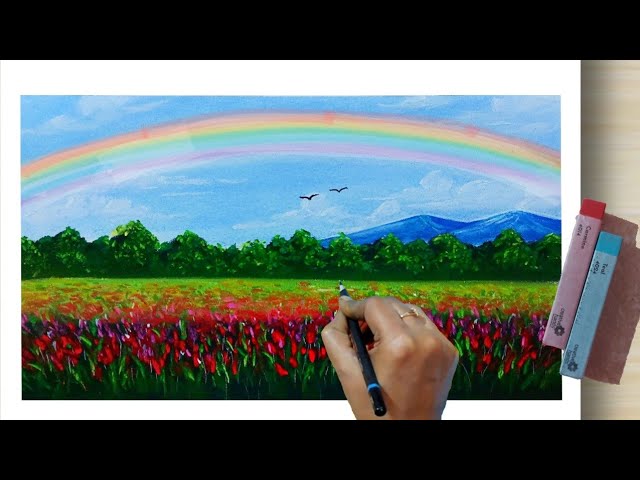 Beautiful rainbow scenery drawing with soft pastels