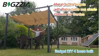 Bigzzia 3x3M Metal Pergola with Retractable Sun Shade Canopy DIY by Benson Chik