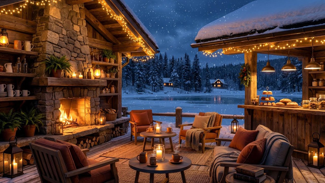 Cozy Winter Coffee Shop Ambience ☕ Fireplace & Relaxing Jazz for Focus