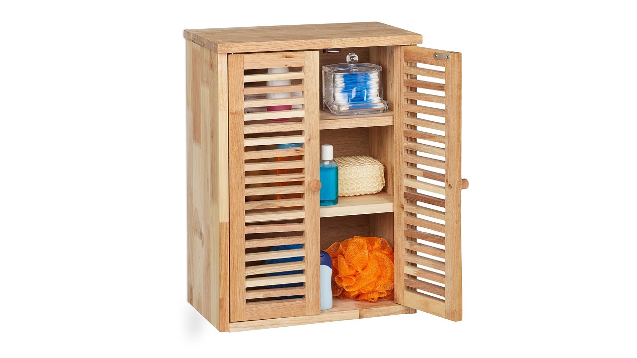 Mobiletto Da Bagno Pensile Relaxdays - Legno Di Noce, 42x42x18cm, 2 Scomparti, Chiusura Magnetica, Naturale