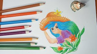 رسم سهل | رسم فتاة جميلة بالاقلام الخشبية | رسم قبعة و ازهار | تعلم الرسم للمبتدئين | rsm | رسم