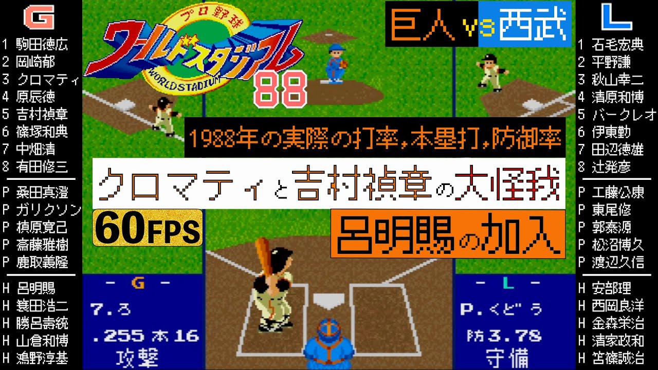 巨人vs西武 1988【X68000/ワースタ88】クロマティと吉村禎章の大怪我を