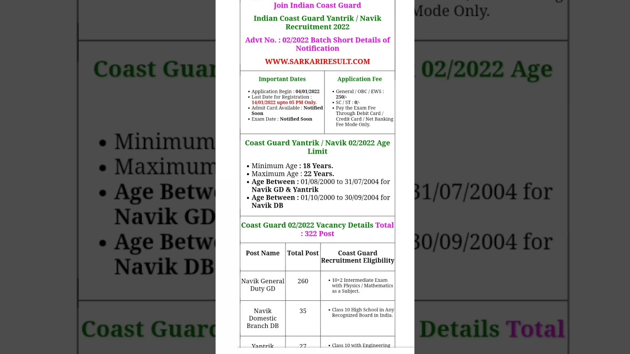 coast guard navik gd , db & yantrik new recruitment 02/2022 ||Coast Guard New Vacancy GD & DB 2022
