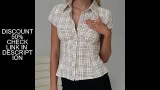 Hirigin Womens Y2K Short Sleeve Plaid On Down Shirt On Down Blouses Tops Casual Summer Shir