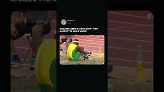 Legendary moment in track and field history demonstrating revolutionary long jump technique....