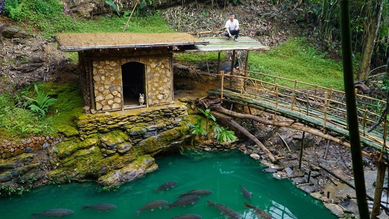 Building a kitchen for a bushcraft house. Construct a farm next to the stream in the deep forest.