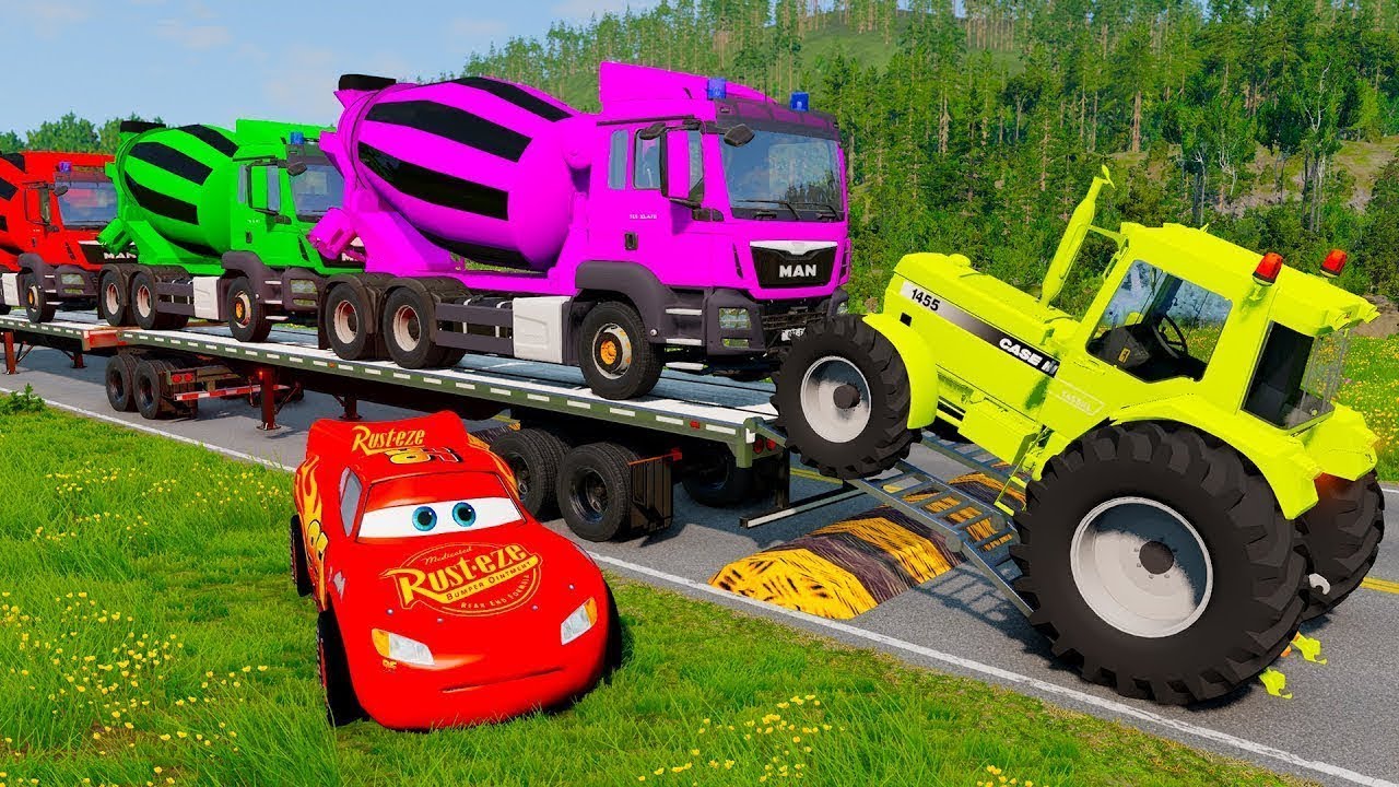 TRANSPORTING PIXAR CARS & FRUITS WITH COLORED & JOHN DEERE VS CLAAS vs TRACTORS - Beam NG.drive #36