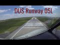 Dusseldorf airport, Germany: Approach and landing on runway 05L. DUS/EDDL. Airbus cockpit view. 4k.