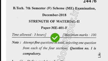 Mdu BTech ME 7th Sem Strength of Material Question Paper 2018