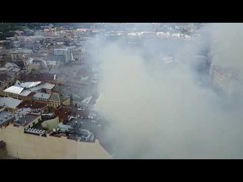 Lviv Ukraine Building on Fire Drone Footage Unedited Clip 1