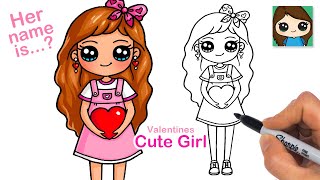 How to Draw a Valentine Sweet Cute Girl Holding a Heart 💖 screenshot 4