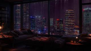 ニューヨーク市の窓の外の夜雨を感じながら高級アパートメントでリラックスしてストレスを軽減 😴🎧