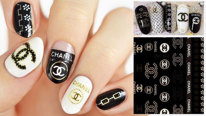 Black And White Chanel Hard Gel Nails Chanel Nail Stickers Nail Art 