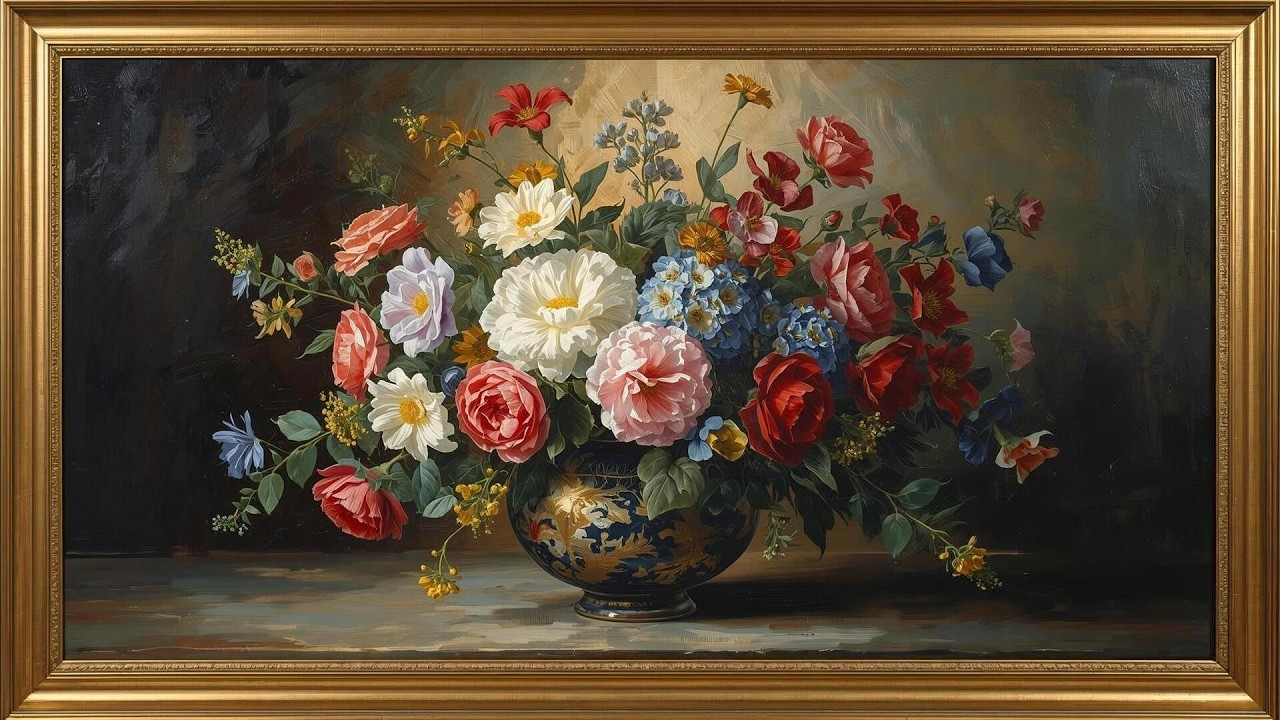 Elegant Floral Still Life Painting | Luxury Framed Flower Art for Calm TV Ambience