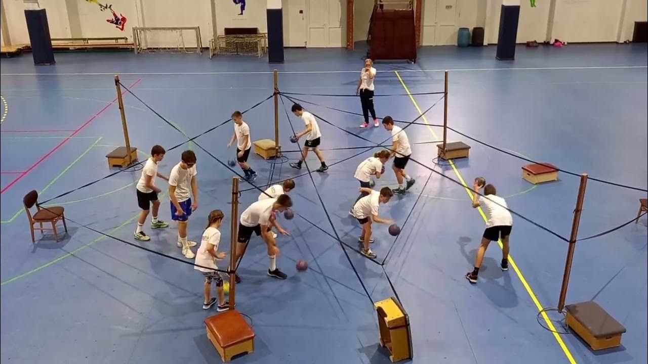 Handball praciticing dribbling constant change of direction, height, and the way of moving