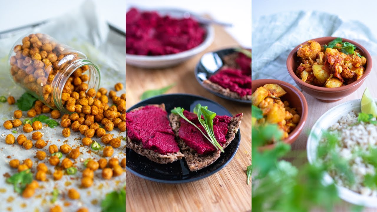 3 TAPAA KÄYTTÄÄ KIKHERNEITÄ: Paahdetut kikherneet, punajuurihummus ja aloo gobi