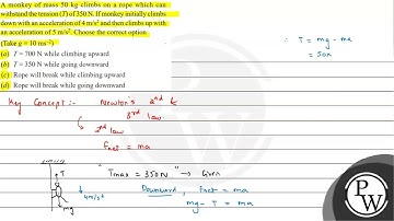A monkey of mass \( 50 \mathrm{~kg} \) climbs on a rope which can withstand the tension \( (T) \...
