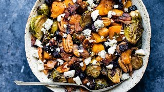Spicy Maple Roasted Butternut Squash & Brussels Sprouts with Crispy Bacon