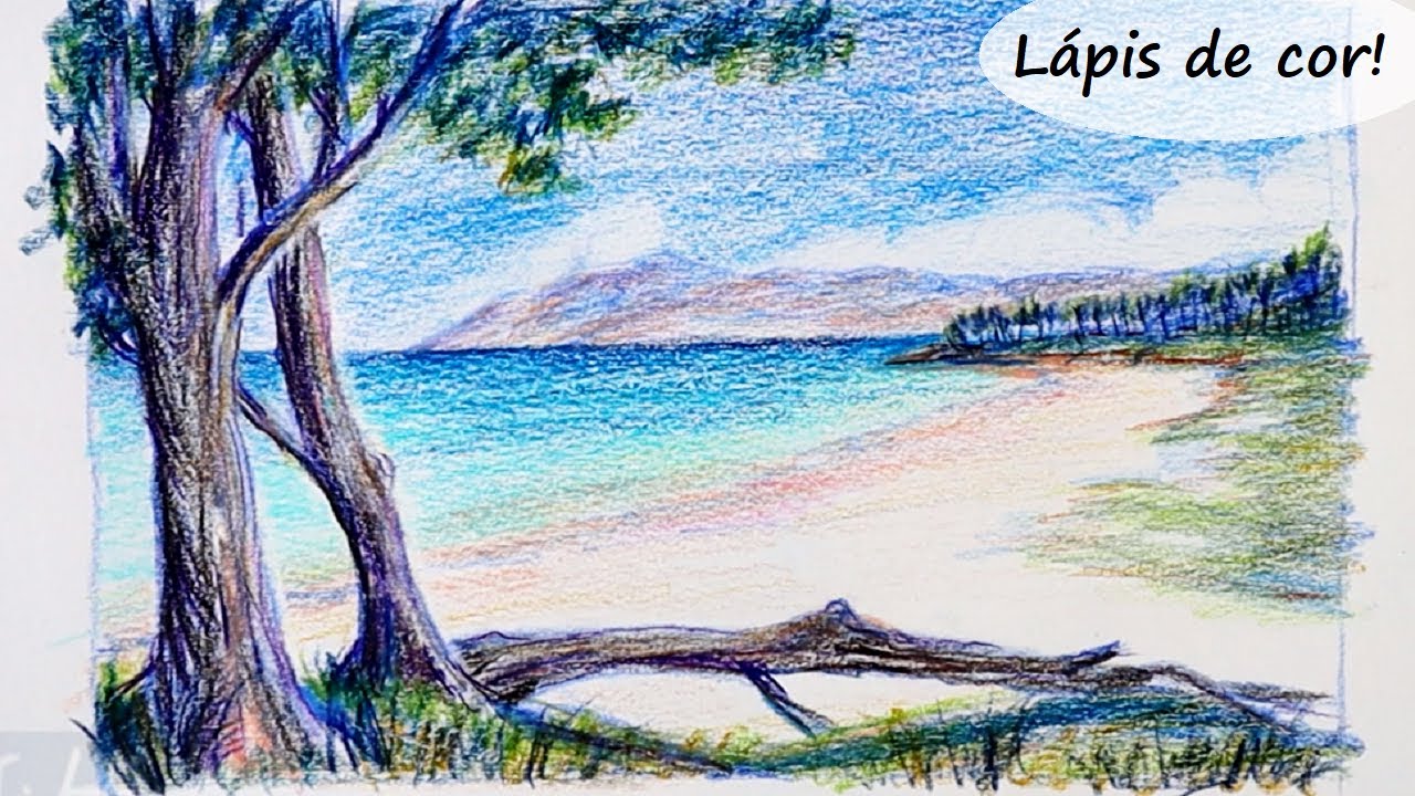 PRAIA com ÁRVORES! DESENHO FÁCIL e BONITO com LÁPIS de COR!