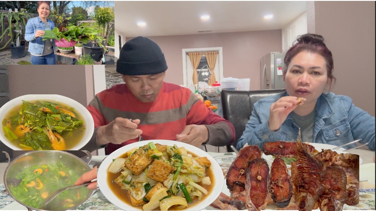 ឆាតៅហូនឹងស្ពៃបូកគោនឺងបេះបន្លែក្រោយផ្ទះស្លកំពឹស