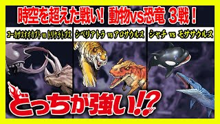 【どっちが強い】動物vs恐竜3連発！コーカサスオオカブトvsトリケラトプス！シベリアトラvsアロサウルス！シャチvsモササウルス！勝つのはどっち！【漫画】