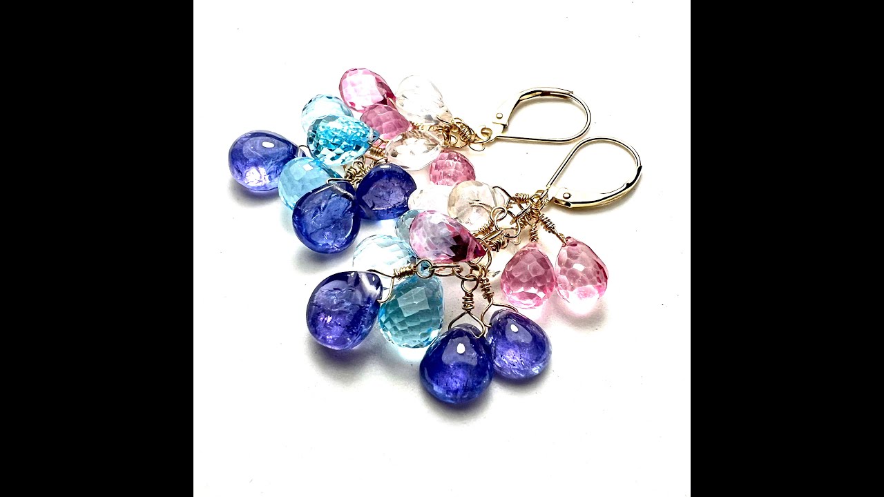 Natural Blue Pink Topaz Tanzanite Earrings Solid 14K Yellow Gold , Cascade