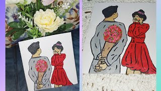 How to draw Couple holding  a rose bouquet....😍