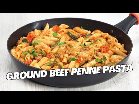 GROUND BEEF PENNE PASTA with ZUCCHINI & TOMATO. Easy Dinner in 20 Minutes. Recipe by Always Yummy!