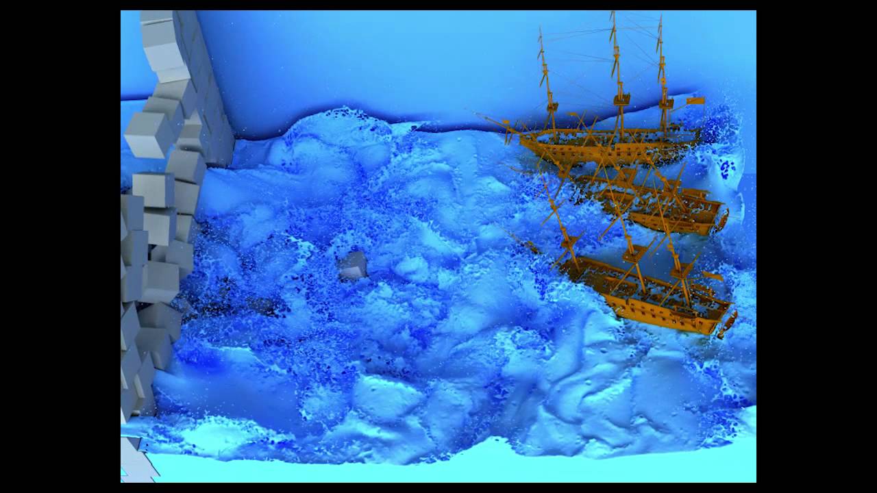 Collapsing wall 1 - Fluid simulation with 20 million particles - YouTube