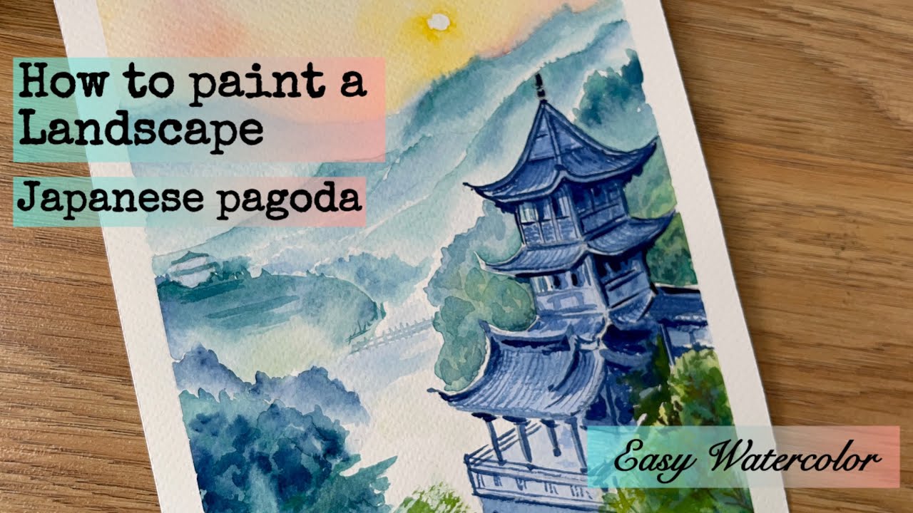 How to paint a Landscape. Japanese pagoda. Watercolor landscape tutorial.