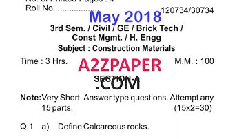 HSBTE  Diploma 3rd Sem Construction Materials Question Paper