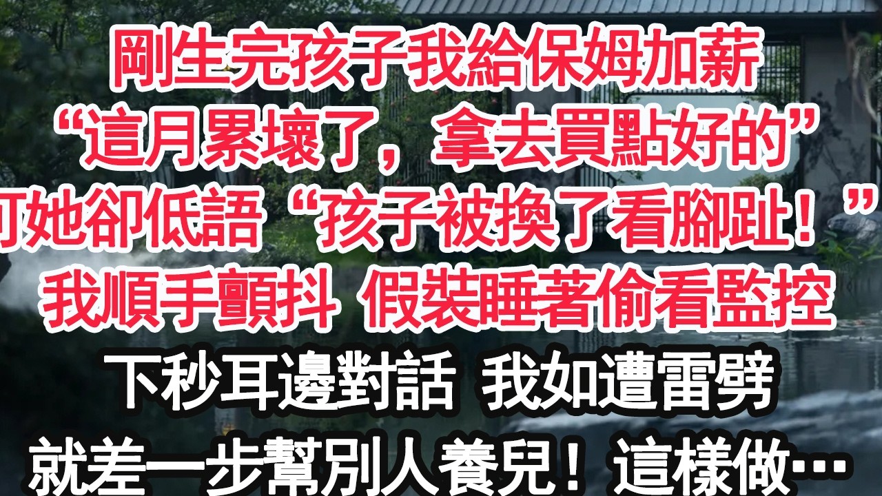 剛生完孩子我給保姆加薪“這月累壞了，拿去買點好的”可她卻低語“孩子被換了看腳趾！”我順手顫抖 假裝睡著偷看監控下秒耳邊對話 我如遭雷劈就差一步幫別人養兒！這樣做…【顧亞男】【大女主】【婚姻自主】