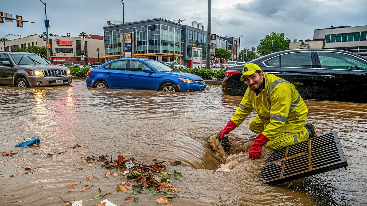Big Drain Unclogging To Move The Massive Flood on Street Road - YouTube