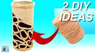 2 ideas how to make DIY vase from jute plastic bottle and cardboard Handicraft