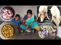 Tribe mother cooking PIG MEAT CURRY  and potato or tomato  and eating with hot rice |
