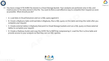 Q85. You have a large 5-TB AVRO file stored in a Cloud Storage bucket. Your analysts are proficient